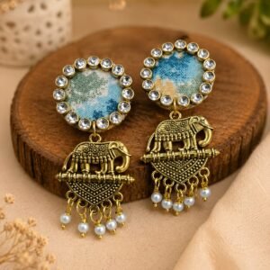 Antique Gold Elephant Charm Floral Stud Earrings