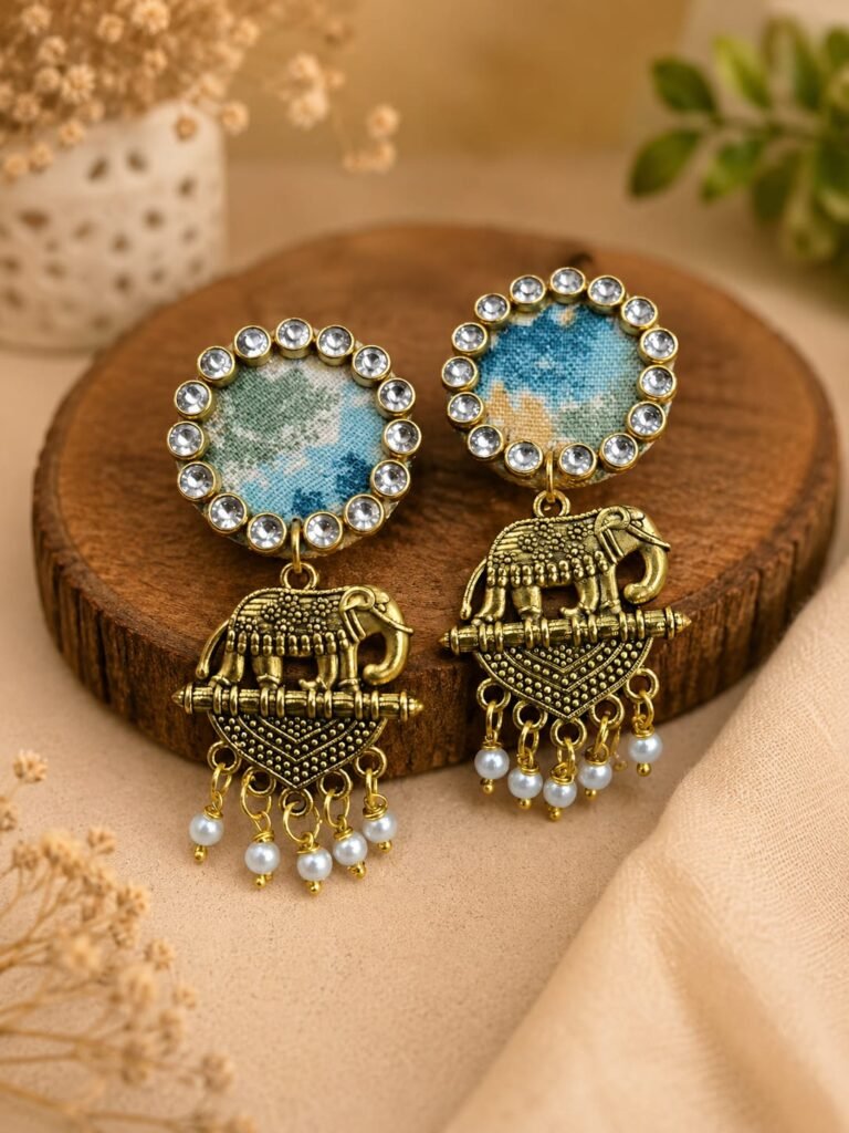 Antique Gold Elephant Charm Floral Stud Earrings