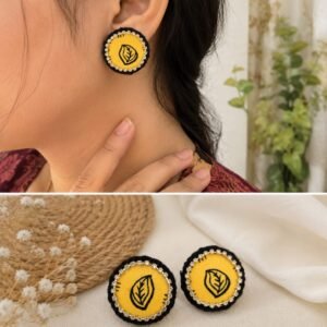 Yellow Embroidered Fabric Stud Earrings