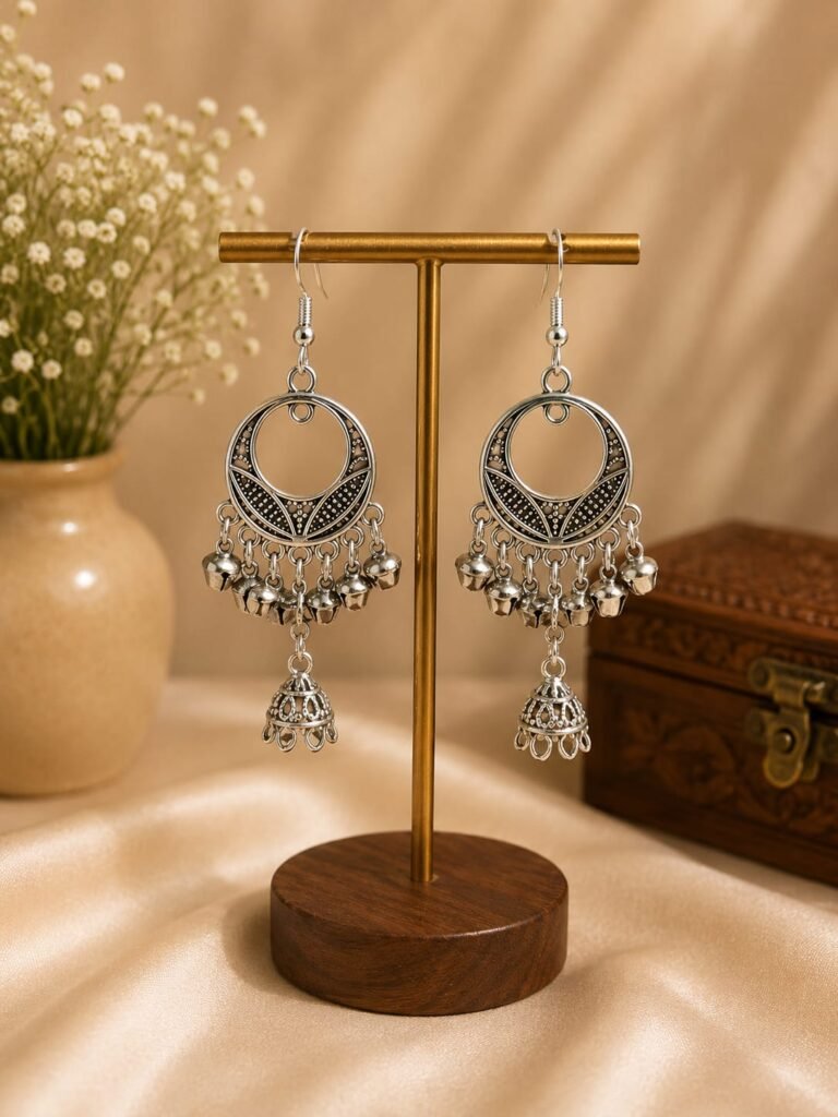 Oxidized Silver Round Chandbali Earrings