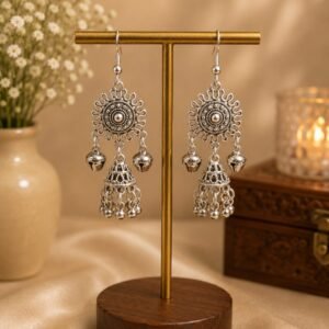 Oxidized Silver Sunburst Chandbali Drop Earrings