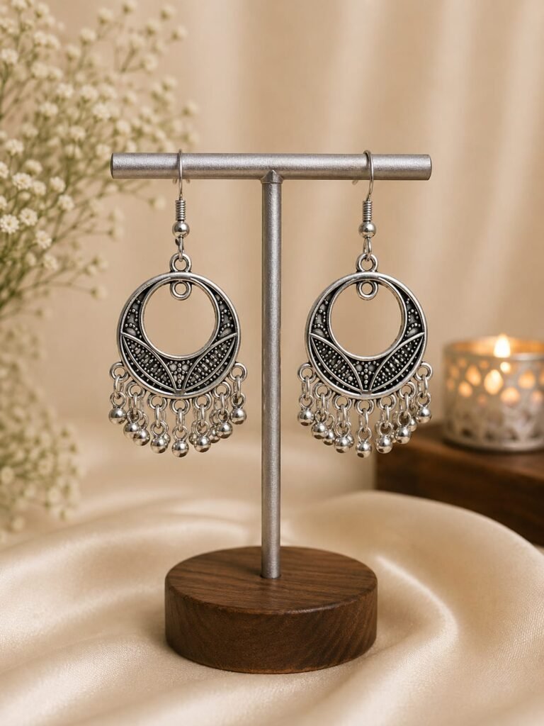Oxidized Silver Crescent Chandbali Earrings