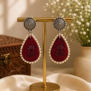 Silver & Maroon Velvet Petal Drop Earrings