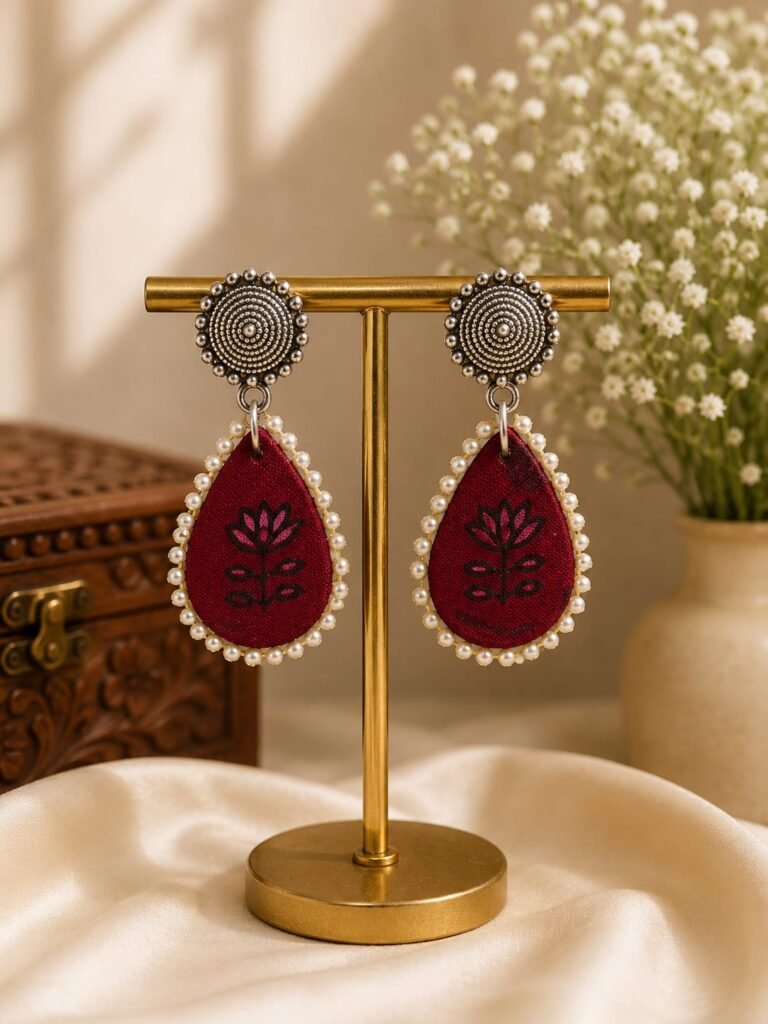 Silver & Maroon Velvet Petal Drop Earrings